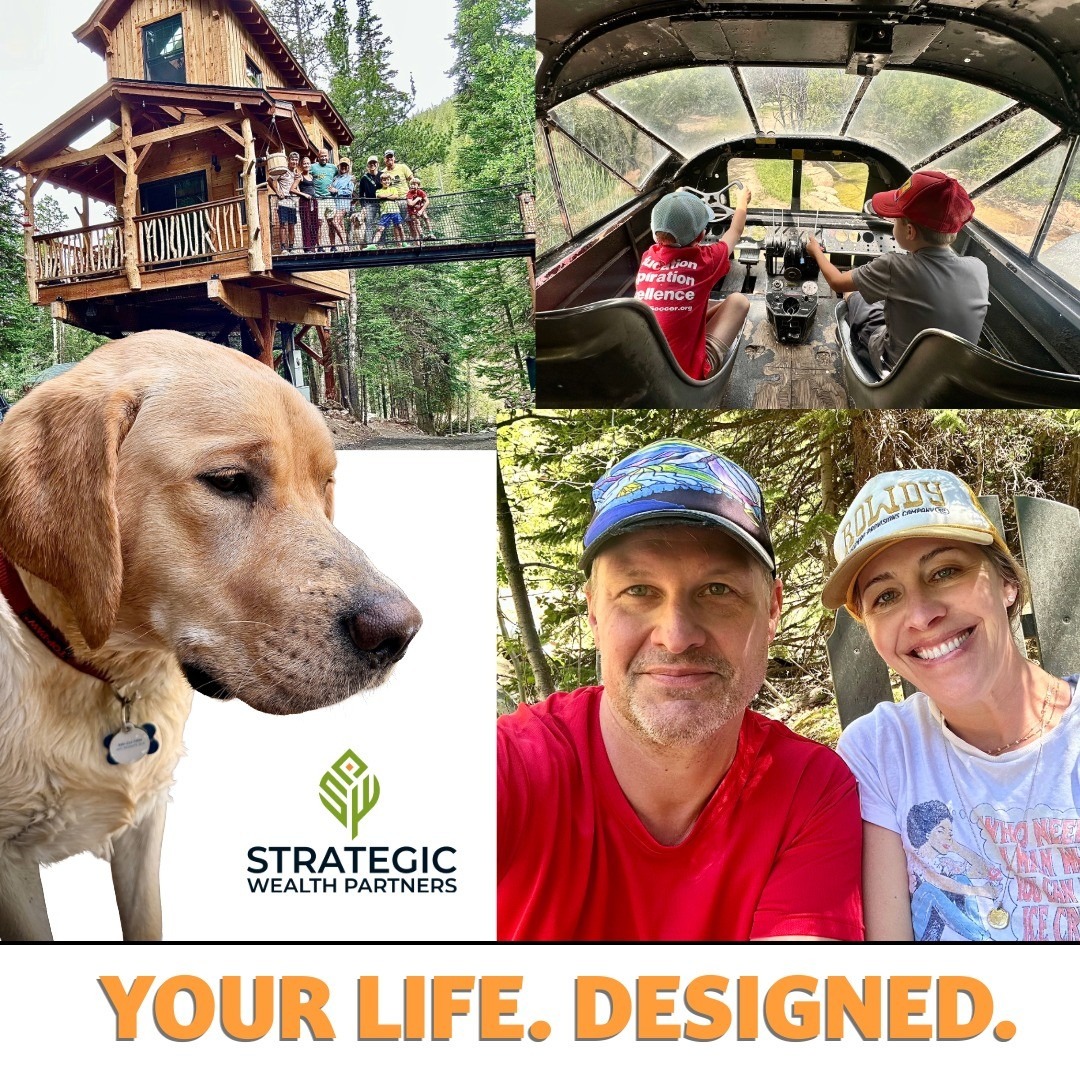 Collage of a treehouse, children on an alpine coaster, a yellow lab and a couple hiking, captioned Your Life Designed