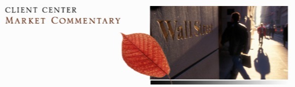 Autumn leaf next to a photo of the Wall Street building. Text to the left reads: Client Center Market Commentary