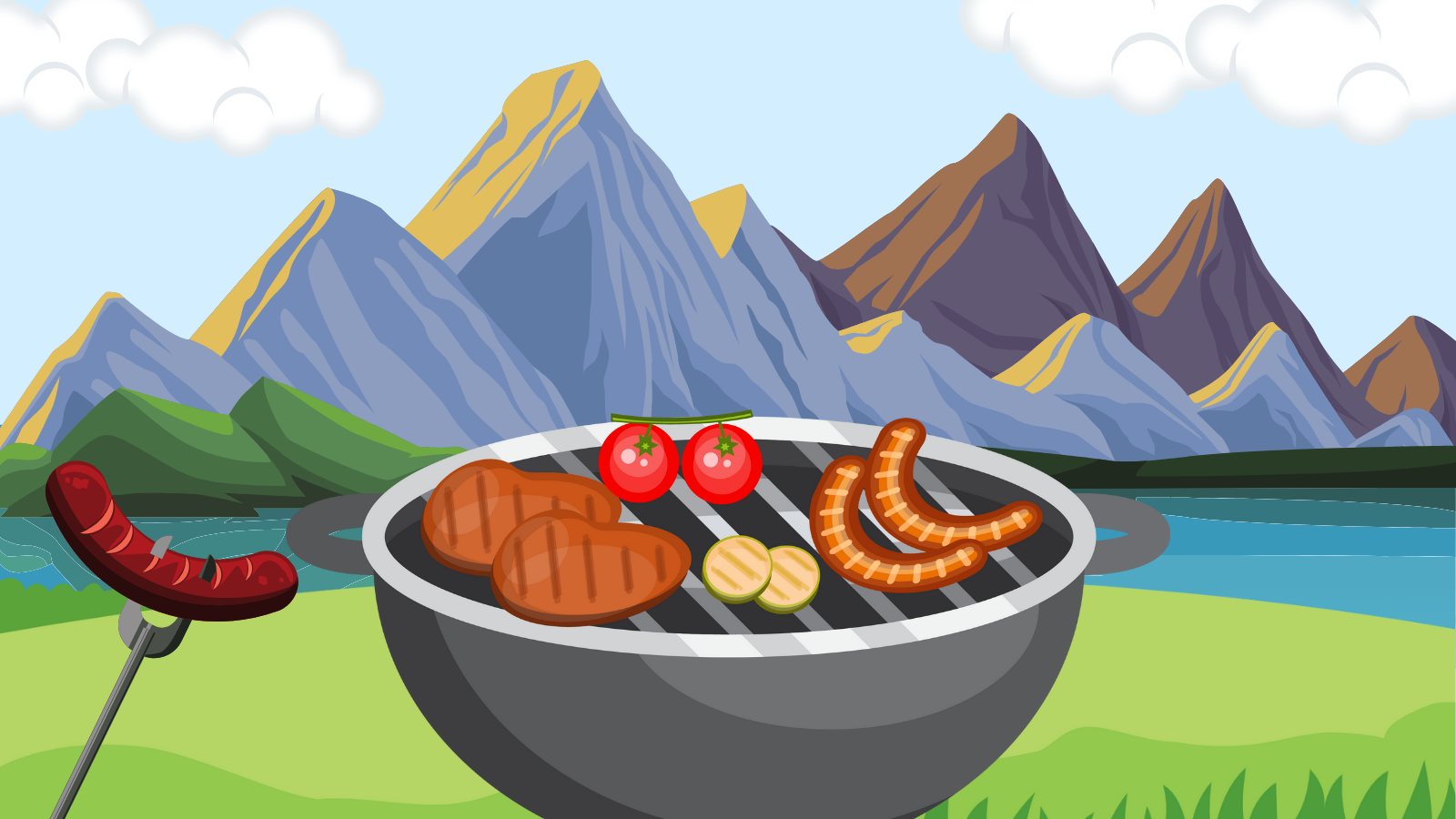 Illustration of food cooking on a grill with a mountainous background