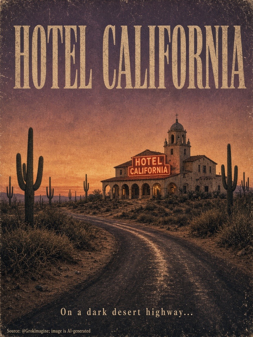 AI-generated vintage poster: Hotel California on a dark desert highway at sunset