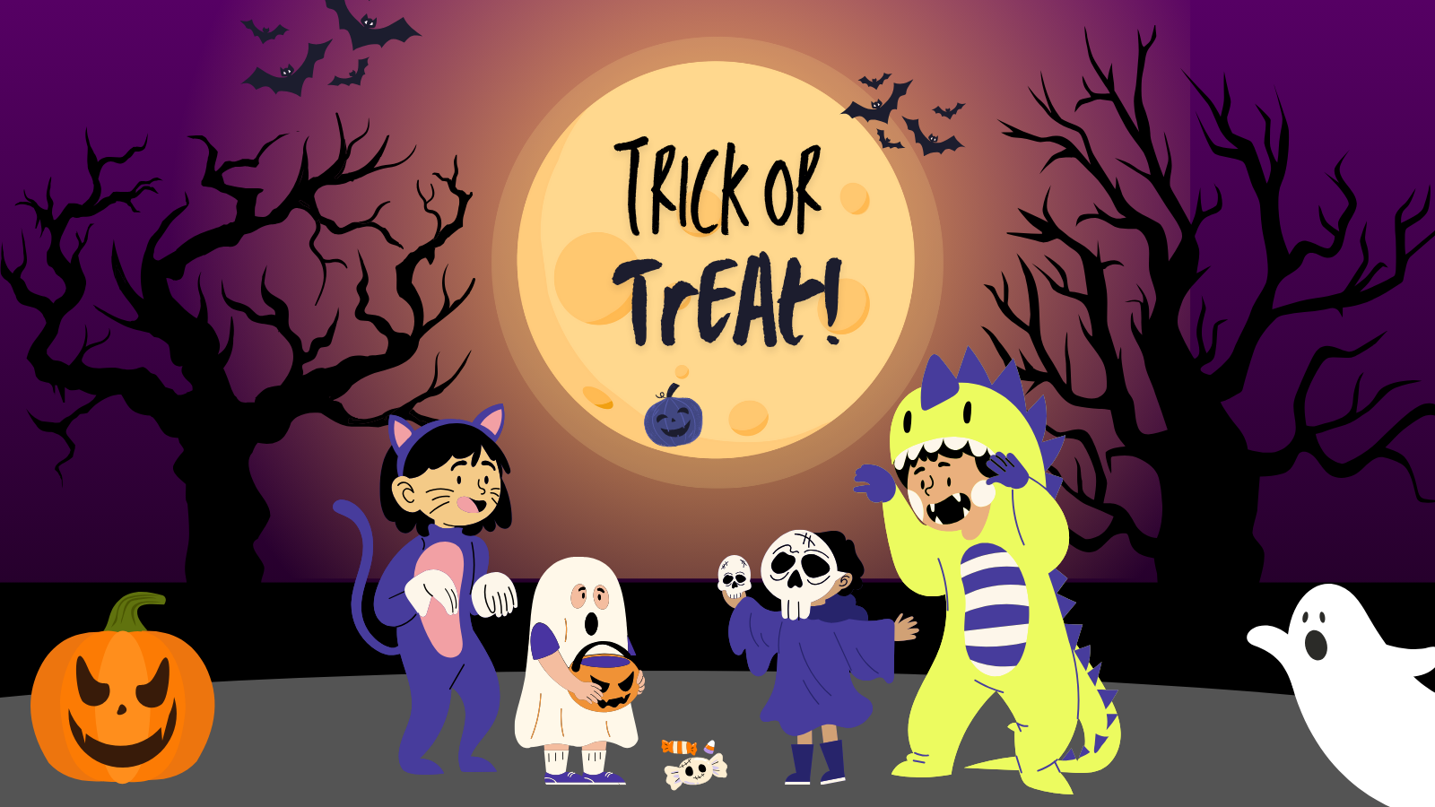 Illustration of children in costumes. Vibrant Halloween colors