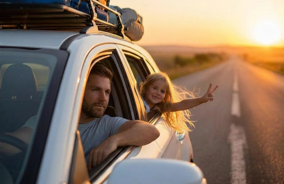Roadtrip with man driving and child in back seat with head out the window holding her hand out in a peacesign