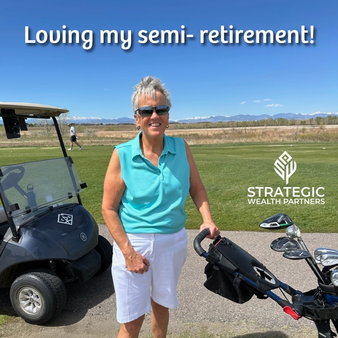 Karen on a golf course beside a cart, captioned Loving my semi-retirement