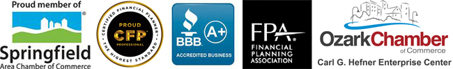 Peterson Wealth Advisors awards and memberships (from left to right) - Proud Member of Springfield Area Chamber of Commerce, Proud CFP Professional, BBB A plus accredited business, Financial Planning Association, Ozark Chamber of Commerce