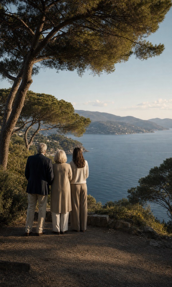 Three adults from two generations looking across a quiet Italian Riviera coast
