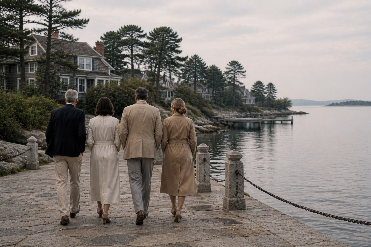 Four adults from two generations walking together along a quiet New England harbor