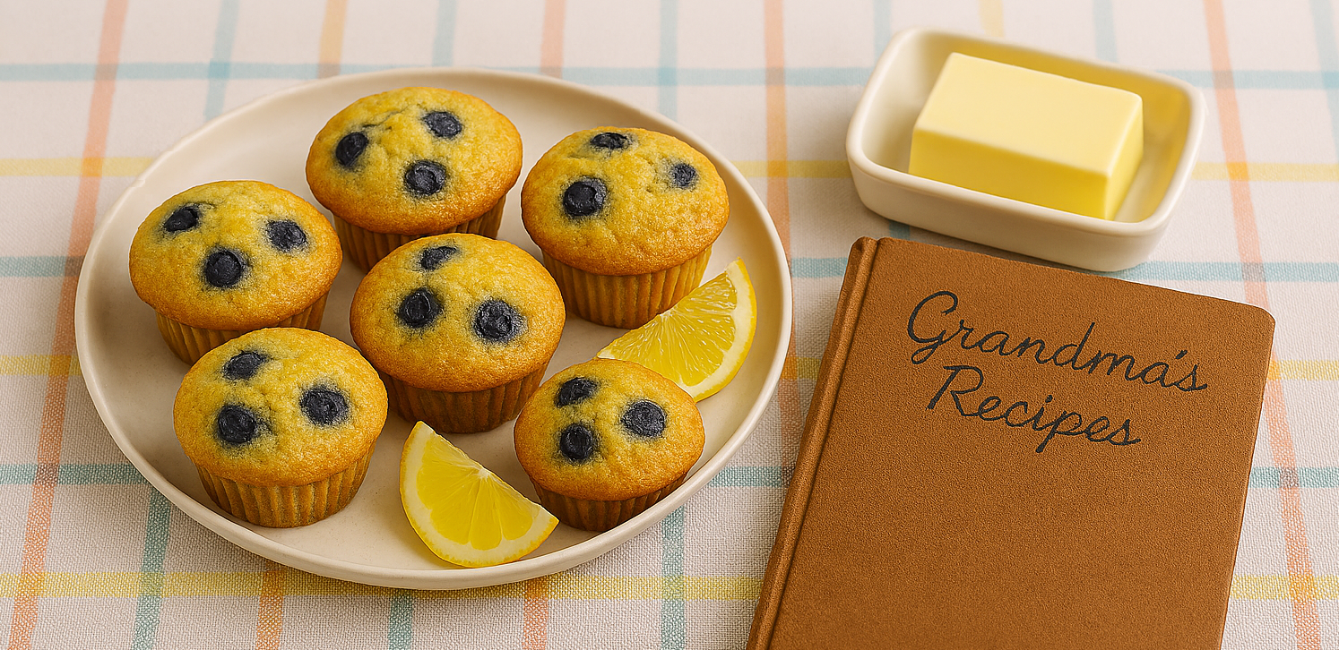 Photo image of blueberry muffins with Grandma's cookbook next to the muffins