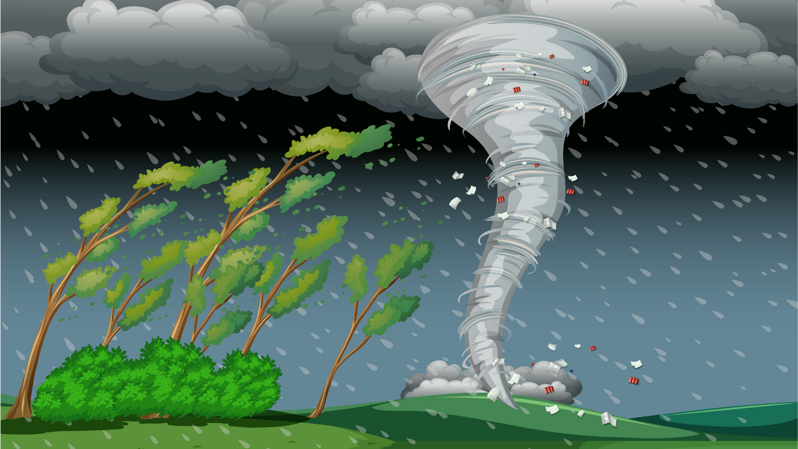 Illustration of high winds and a tornado in a field with trees