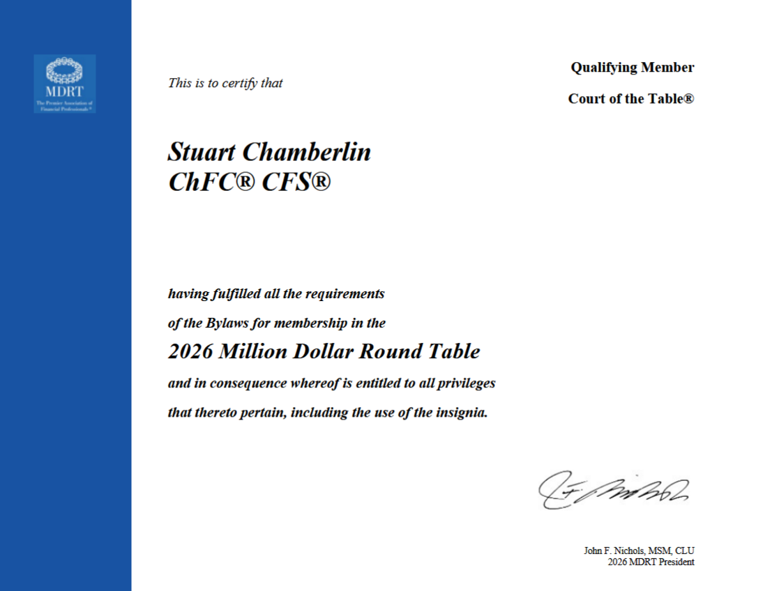 2026 MDRT Court of the Table membership certificate – Stuart Chamberlin, ChFC®, CFS®