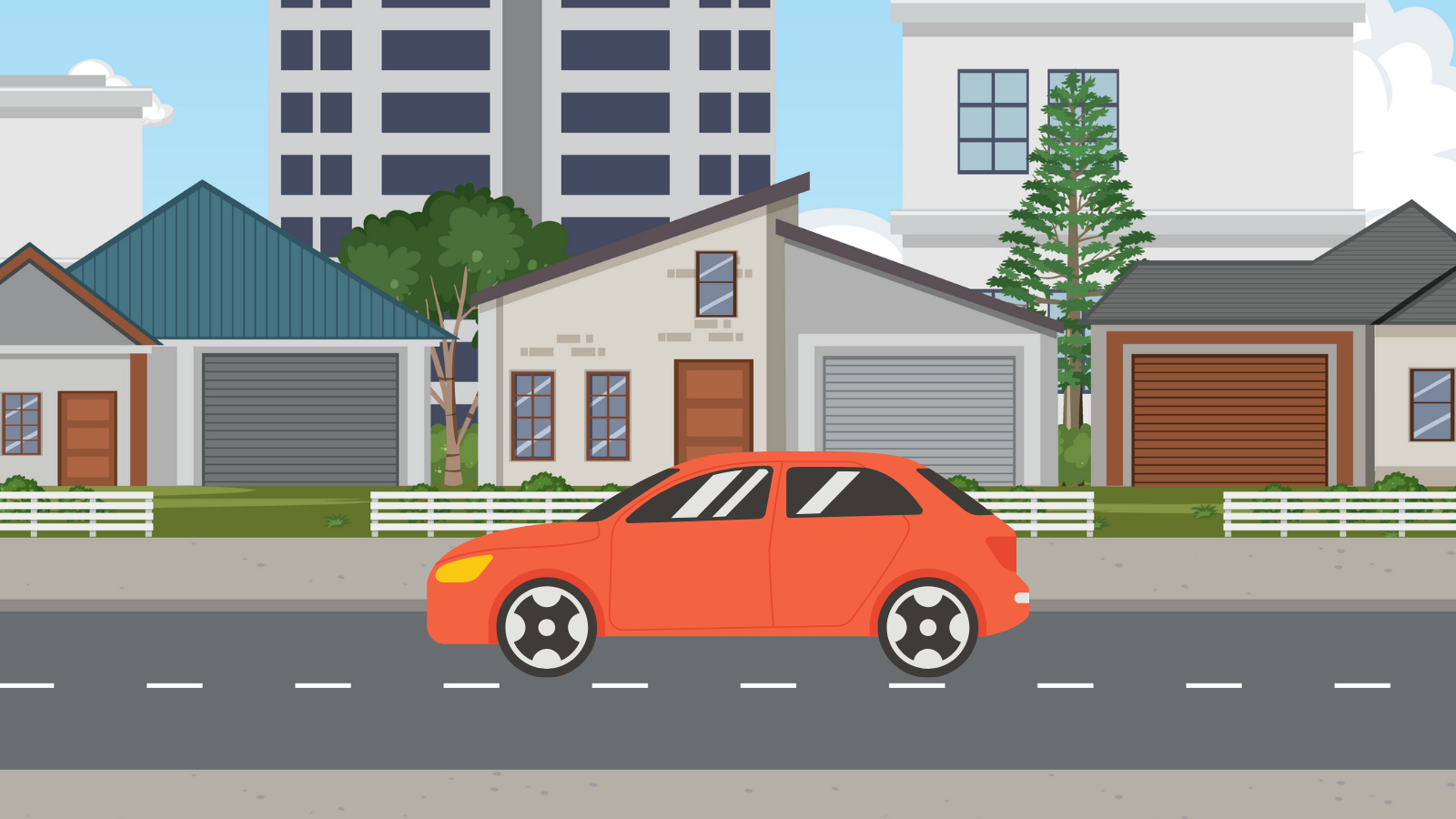 Illustration of a car driving on the street in a city or town. 