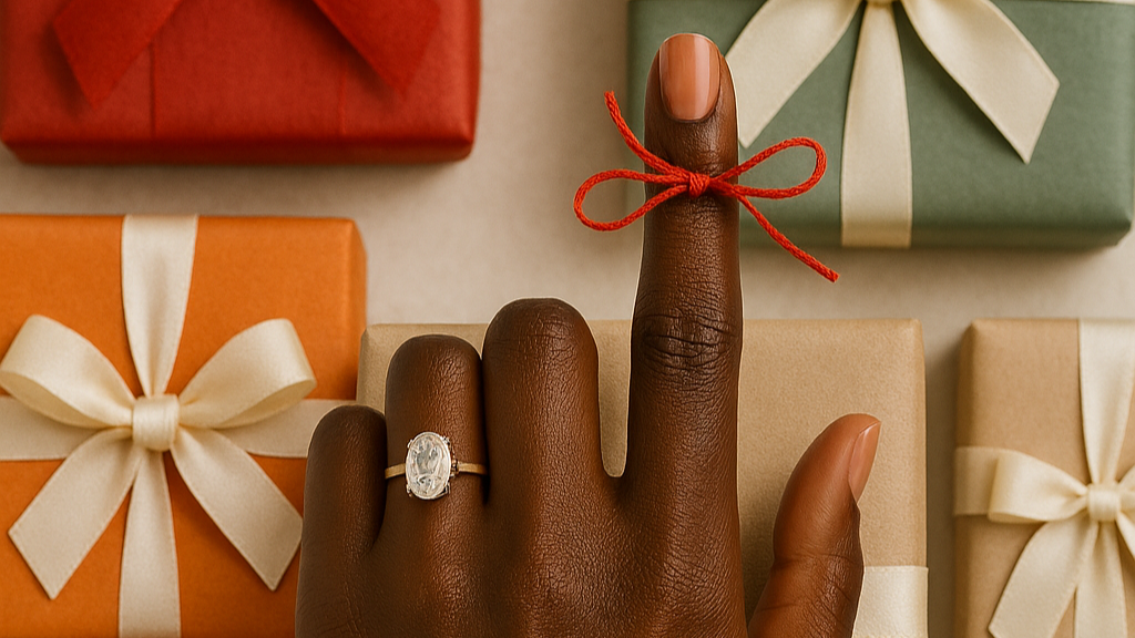 Finger with a reminder bow on it in front of gifts