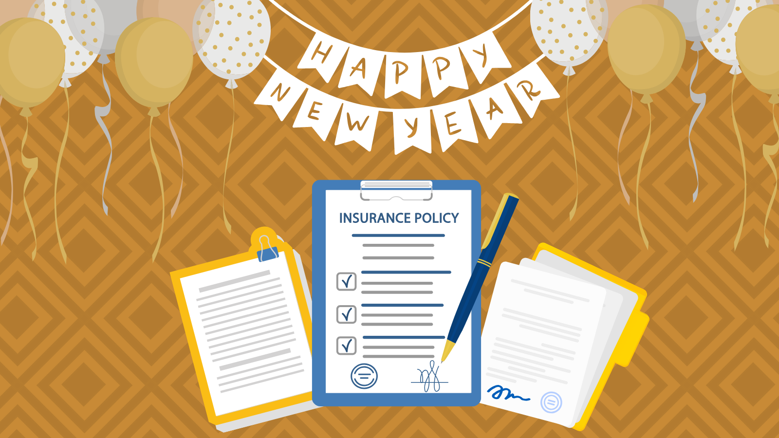 Illustration reading Happy New Year and image of insurance policies.