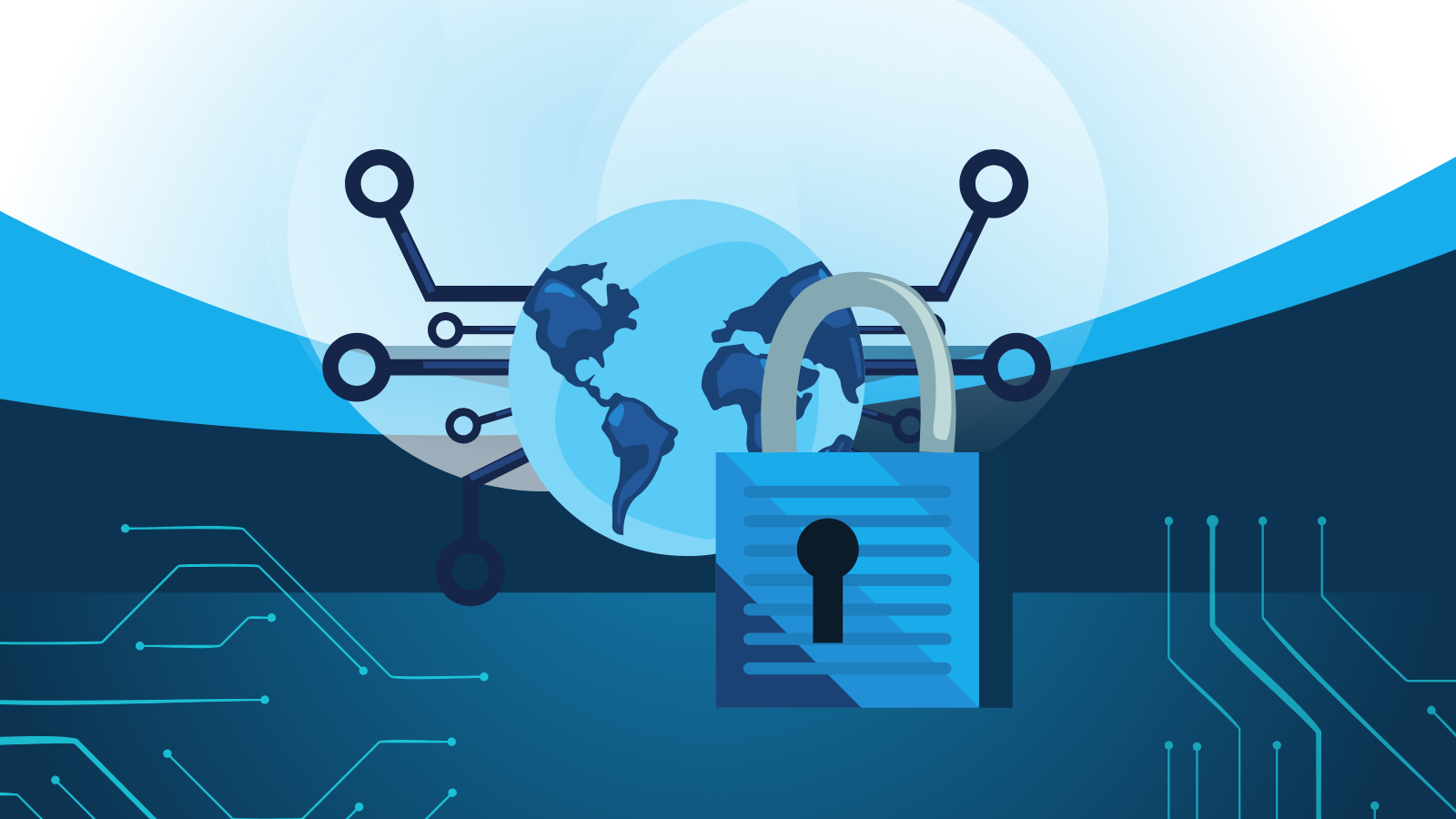 illustrations of the earth and a lock in front of it. Color scheme is blue.
