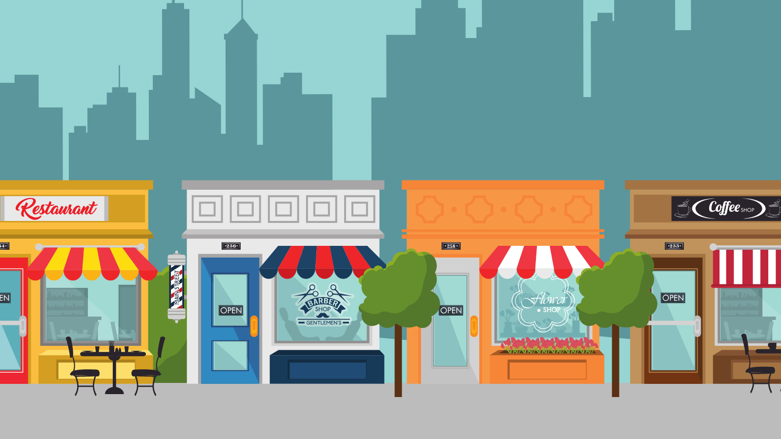 Illustration of a street with a row of small business