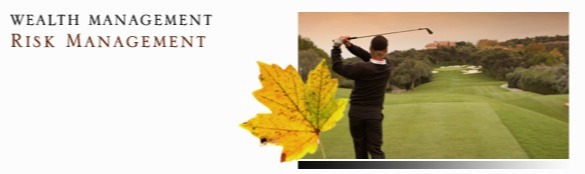 Autumn leaf next to a photo of a man playing golf. Text to the left reads: Wealth Management Risk Management
