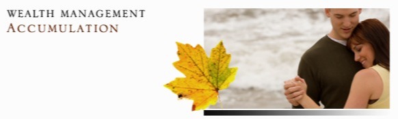 Autumn leaf next to a photo of a couple holdings hands and embracing. Text to the left reads: Wealth Management Accumulation