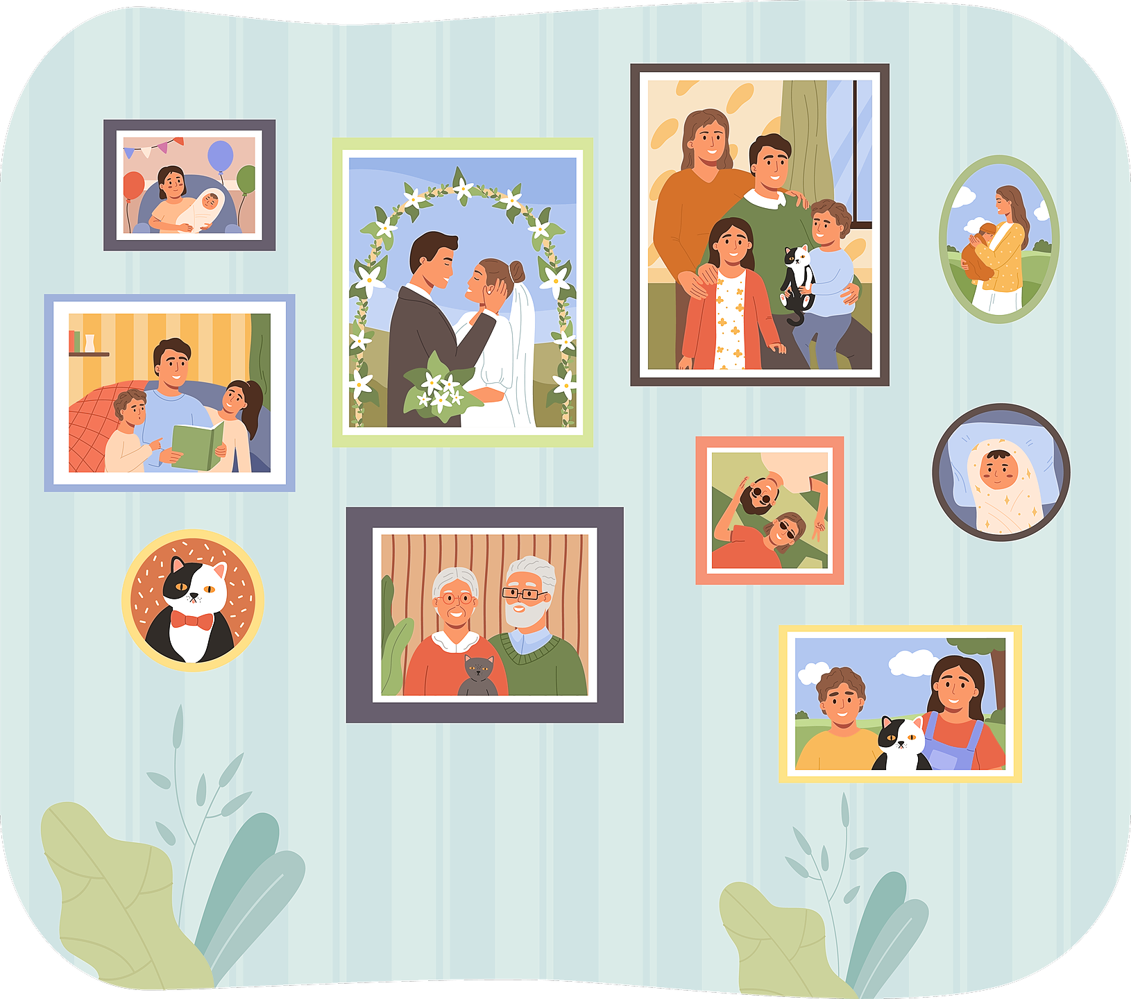 Guidance Through Life Transitions Illustration with wall of family portraits at different stages of life