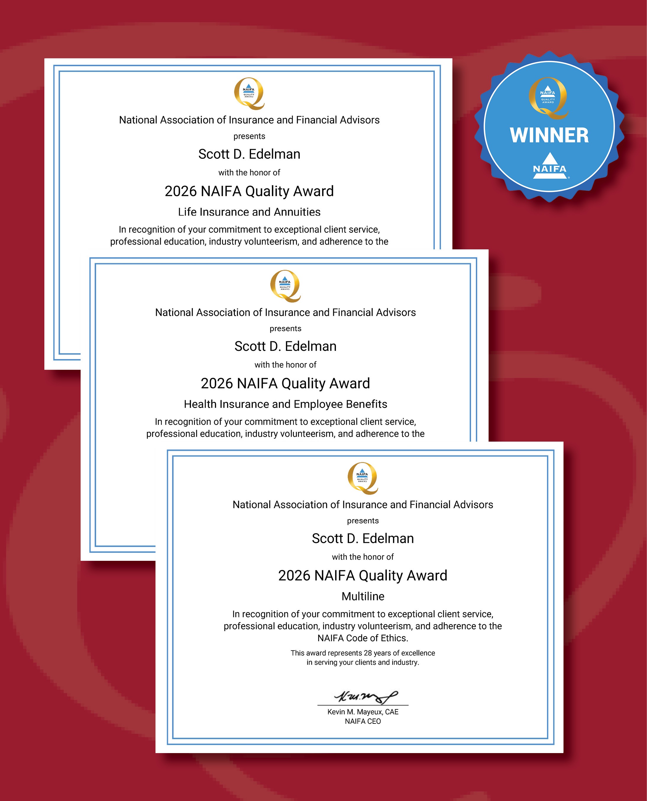 Scott Edelman Receives Three NAIFA Quality Awards for 2026!