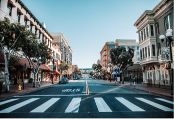 View down city street