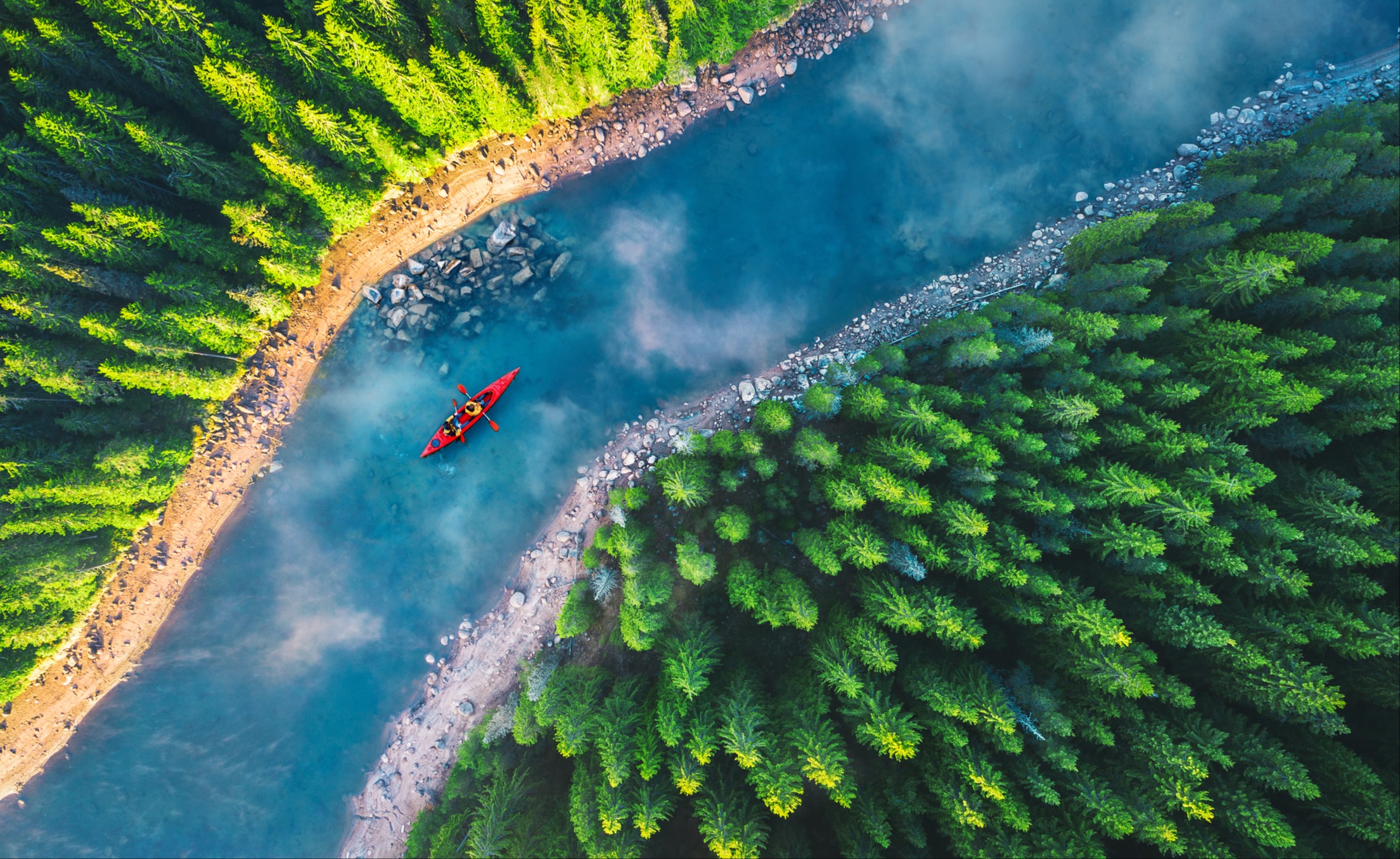 Top down image of red kayak traveling through a river in a forest