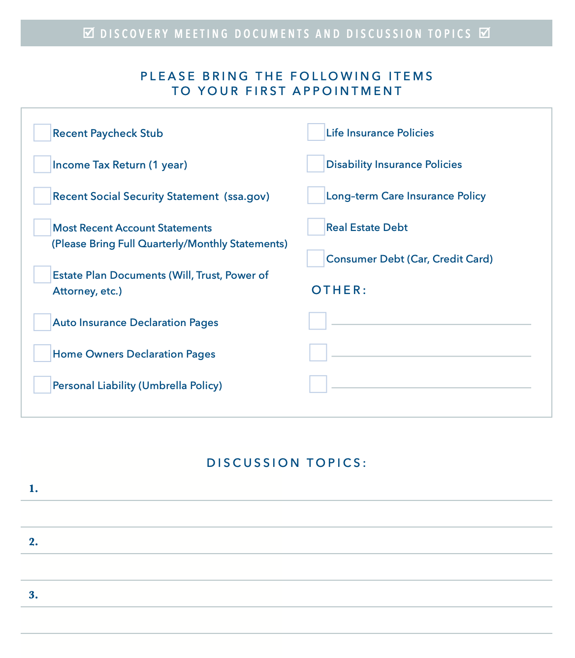 Checklist for First Appointment