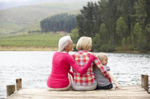 family sitting on dock