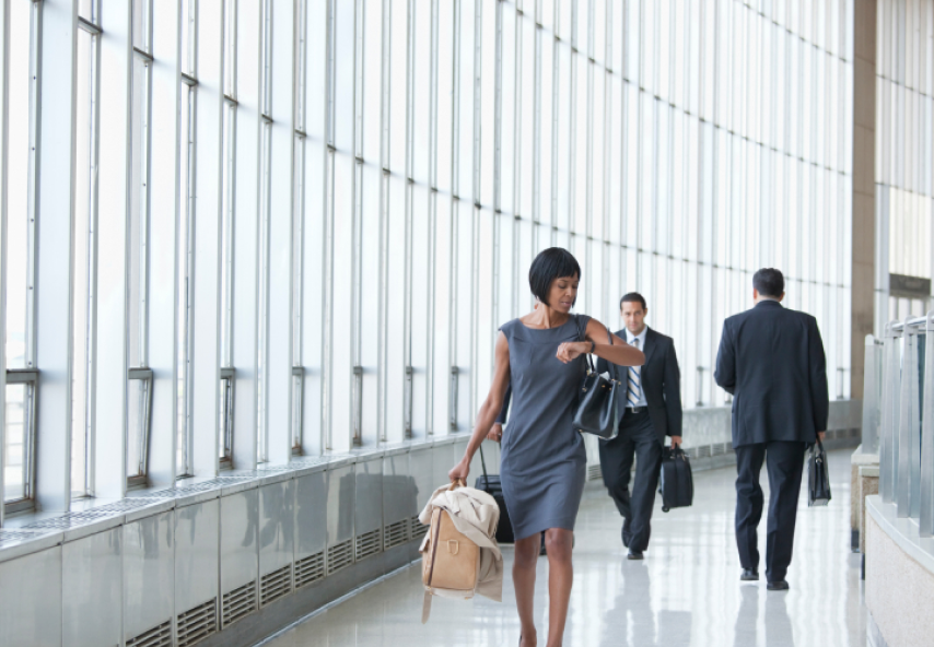 Professionals walking through a building