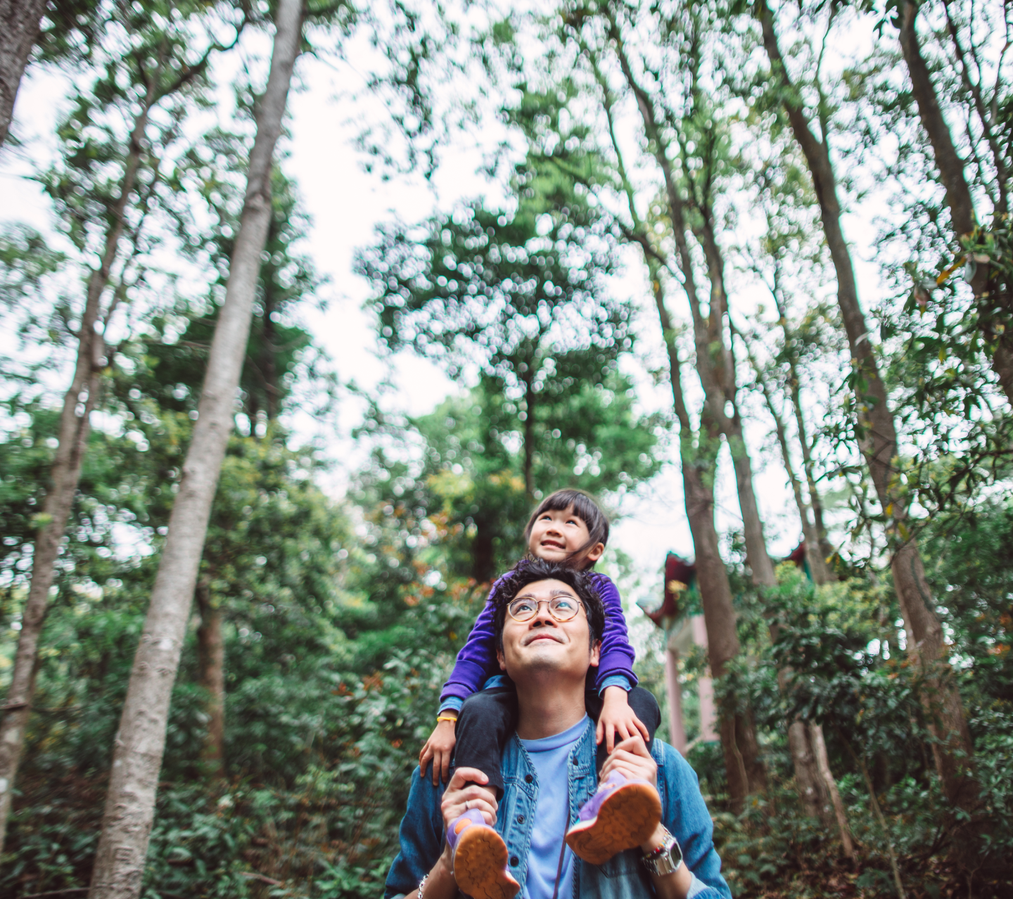 Man with daughter in forest