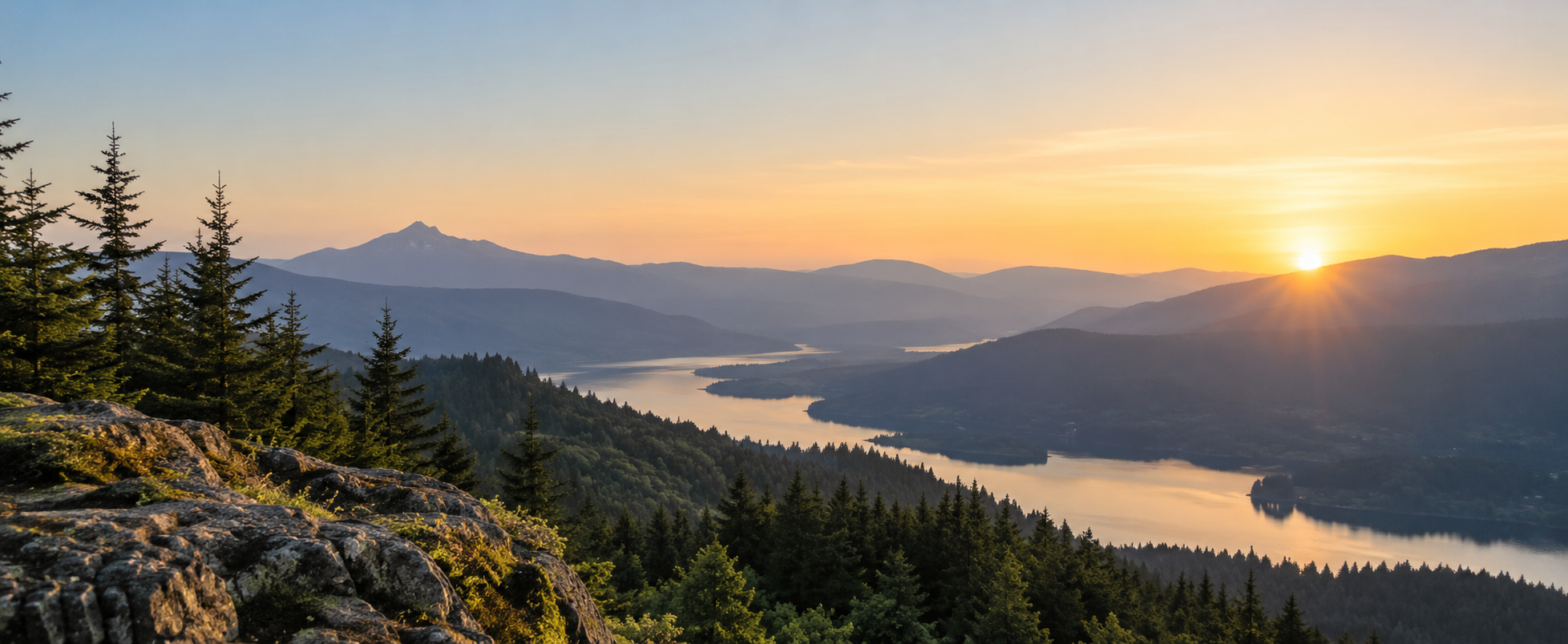 Pacific Northwest mountain and river landscape at sunset