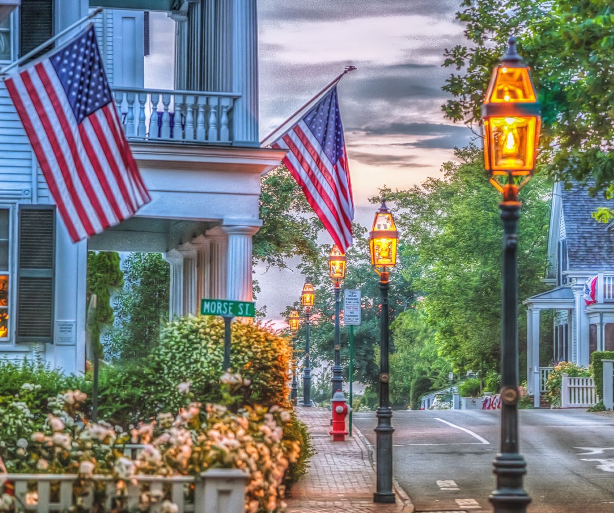 street lights and American flags along Morse St. 