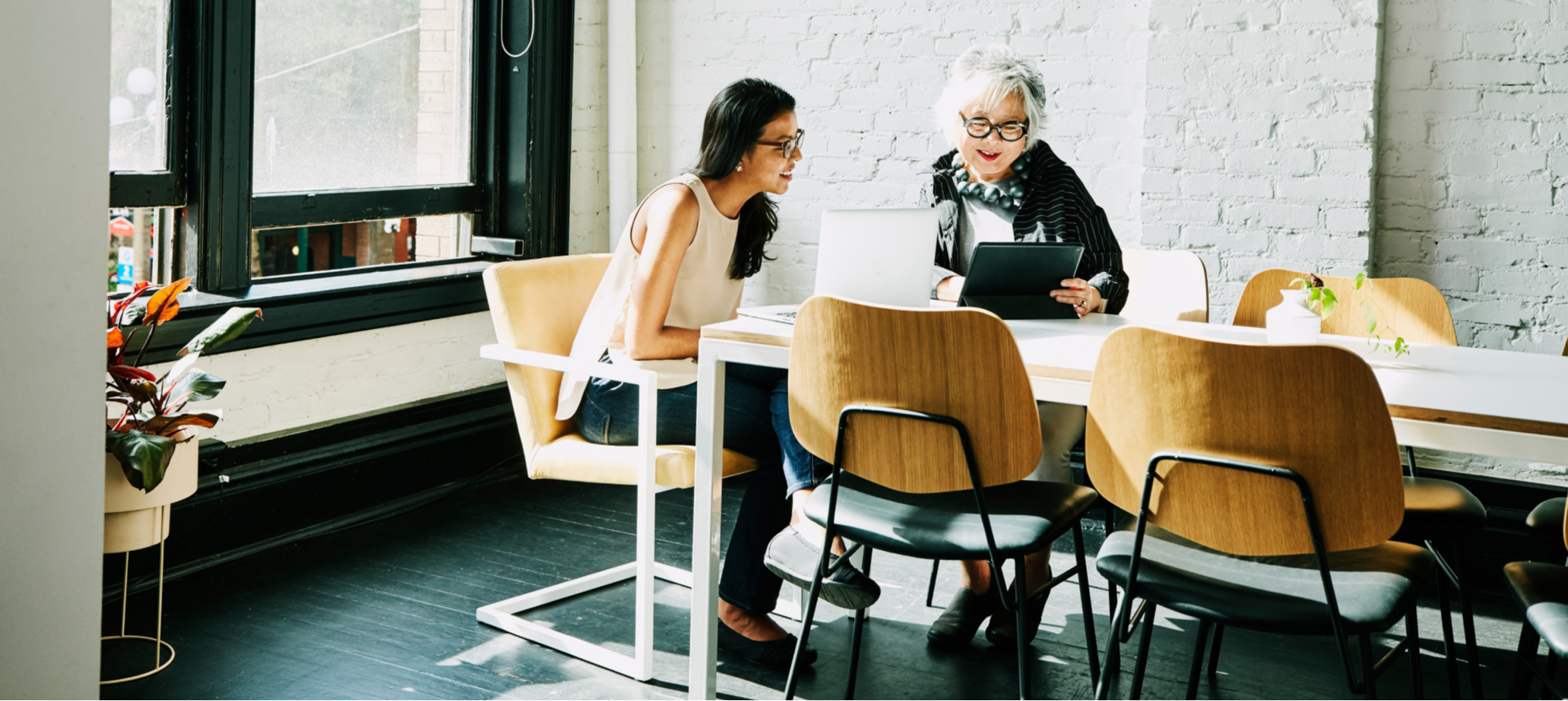 Two women meeting in an office with laptops.