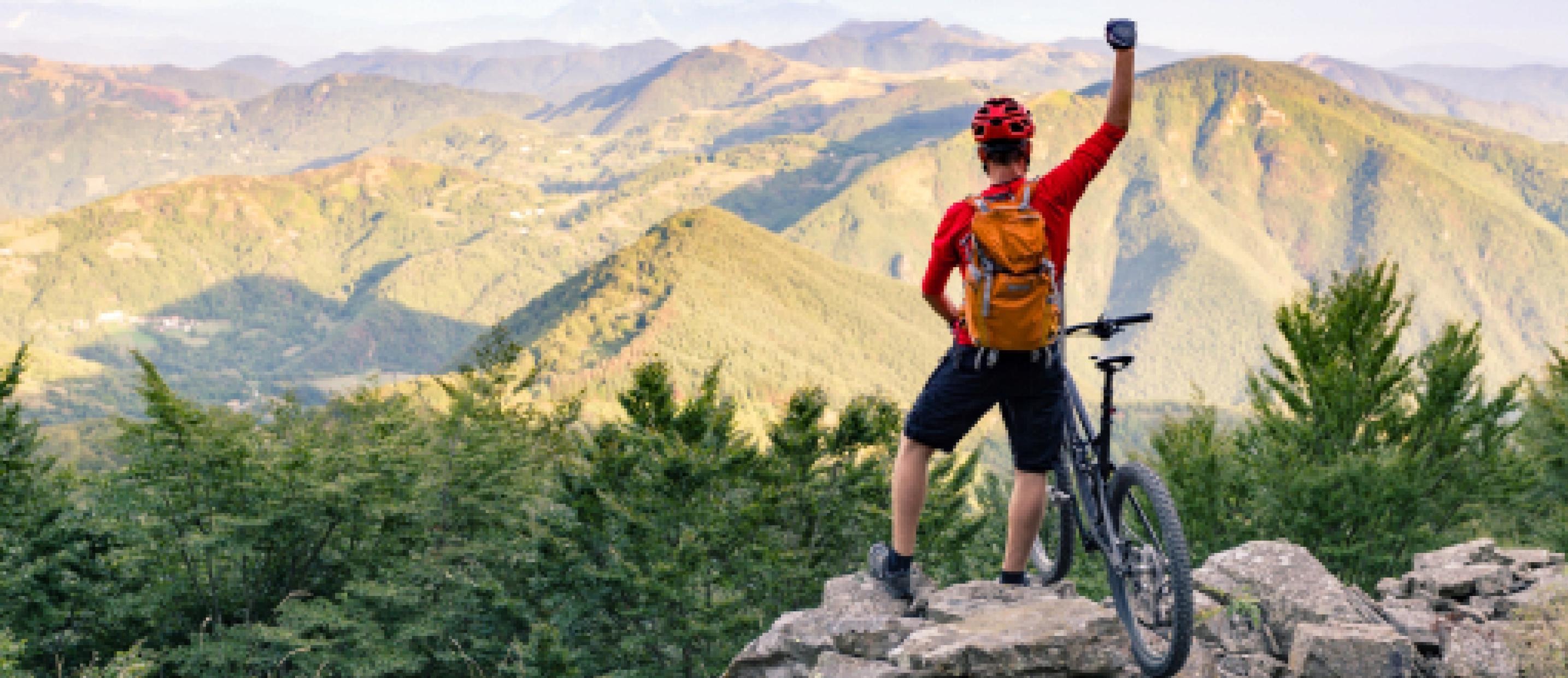 Photo of a biker at the top of a mountain with their fist in the air triumphantly
