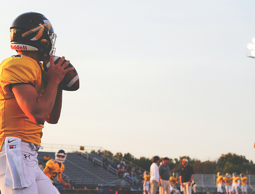 Football player on field getting ready to throw a pass