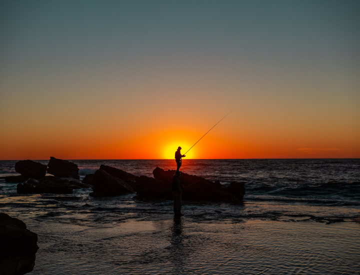 Person Fishing in the Ocean During Sunset
