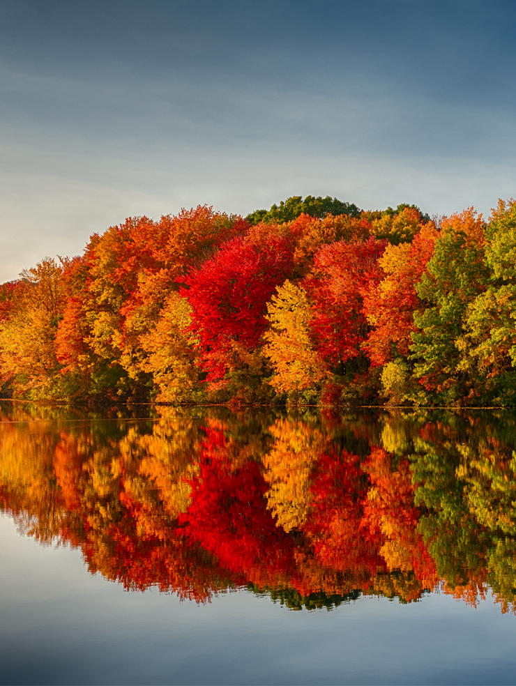 colorful fall trees reflecting on a still lake