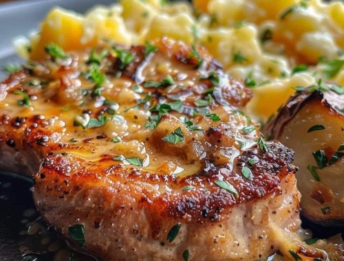 Garlic Butter Pork Chops with Cheesy Potato Bake