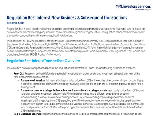 Reg BI New Business & Subsequent Transactions