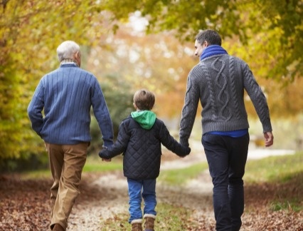 Multigenerational family walking on a path