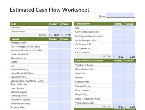 Estimated Cashflow Worksheet