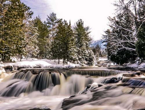Photo of snow and trees with a small river flowing inbetween
