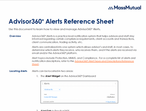 Advisor360 Alerts Reference Sheet