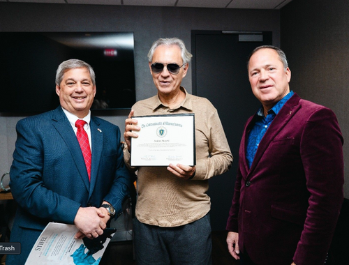 Senator Bruce Tarr joined Brad in presenting citations from U.S. Congressman Seth Moulton to Andrea Bocelli.