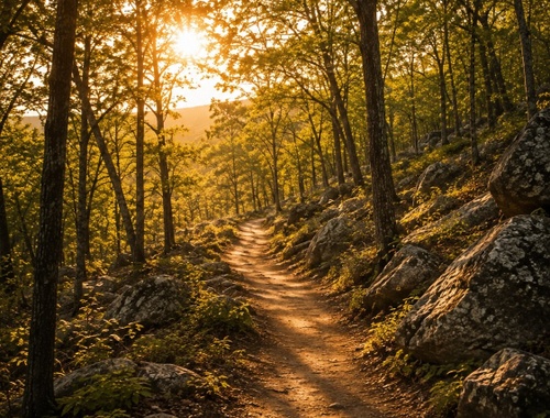 Golden hour hiking trail inspired by Rib Mountain in Wausau, Wisconsin