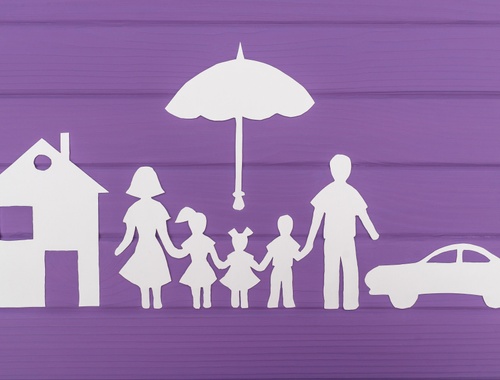 illustration of a family, home and car under an umbrella
