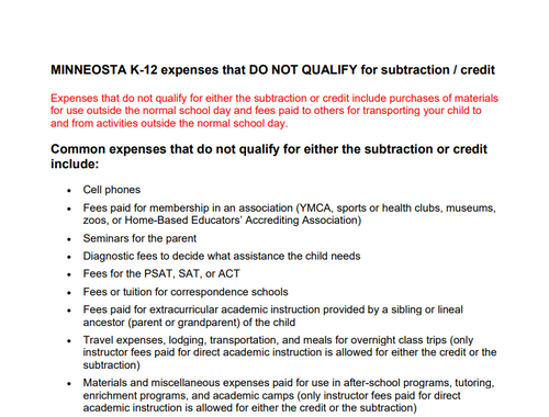 2025 MN K-12 NON-QUALIFIED EXPENSES