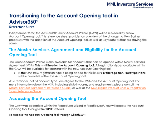 Transitioning to the Account Opening Tool