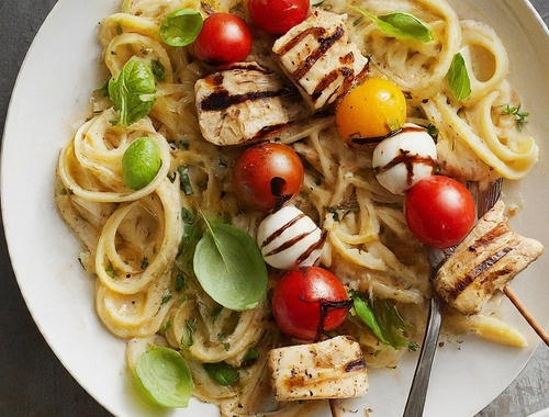 Caprese Chicken Skewers with Creamy Lemon Pasta