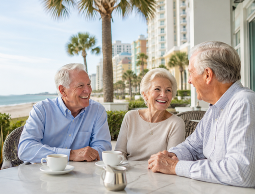 Retired couple and friend enjoying coffee on a Myrtle Beach oceanfront terrace