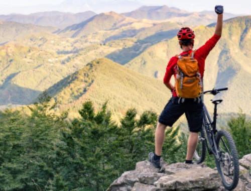 Photo of a biker at the top of a mountain with their fist in the air triumphantly