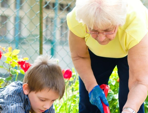Grandmother and grandson planting flowers
